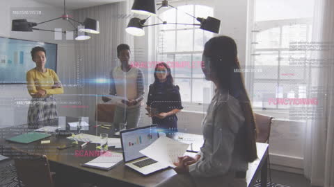 Diverse Team Engaging in Futuristic Financial Software Analysis