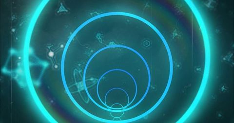 Glowing cyan teal concentric rings tunnel hud interface for futuristic data visualization