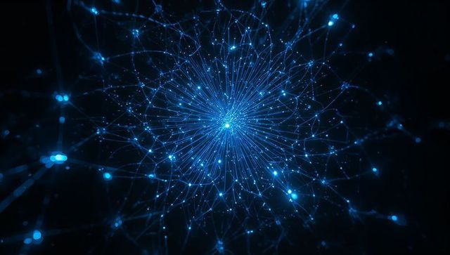Radiating blue neural hub connecting glowing nodes across dark digital network mesh
