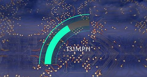 Digital Speedometer Over Circuit Board and Cityscape