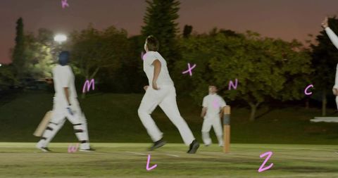 Night cricket under floodlights bowler sprinting to deliver ball with stumps and batsman