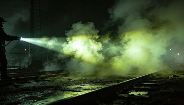 Silhouetted inspector shining flashlight through eerie green fog over wet railway tracks