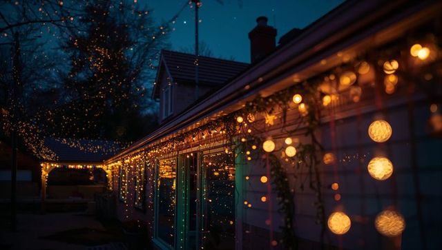 Cozy Twilight Festive Lights on House Eaves