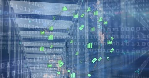 Fusion of Finance Icons and Data Processing in Server Room - Download Free Stock Images Pikwizard.com