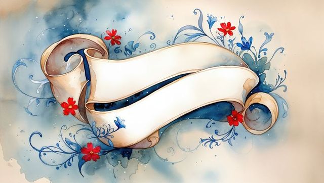 Curling ribbon banner with red blossoms and blue vines