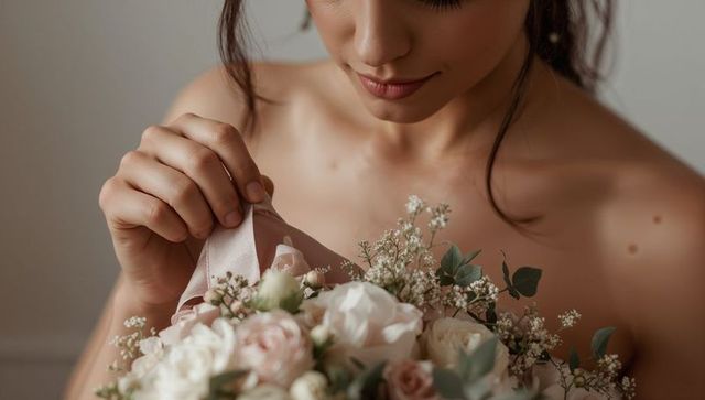 Bride adjusting strapless gown while holding romantic blush and ivory bouquet close