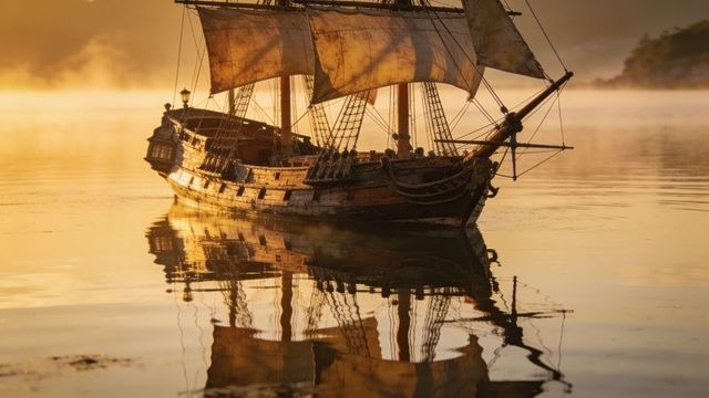 Weathered tall-masted ship reflecting on calm golden bay at sunrise mist