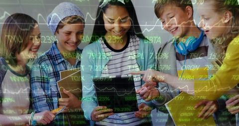 Teens collaborating on tablet with stock market data overlay for youth financial literacy