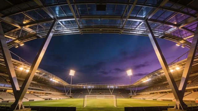 Empty modern stadium at twilight framing central goal and illuminated pitch under dramatic sky
