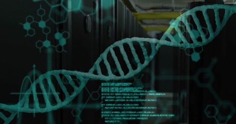Digital dna helix overlay in data center aisle representing innovation