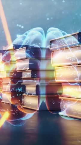Rotating neural brain composed of stacked books revealing flowing equations on dark grid