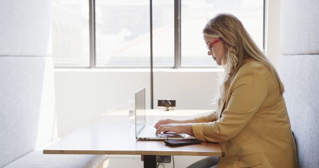 Businesswoman Working on Laptop in Modern Office Booth - Download Free Stock Images Pikwizard.com