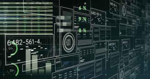 Futuristic Financial Dashboard HUD Displaying Analytics Readouts and Wireframe Panels
