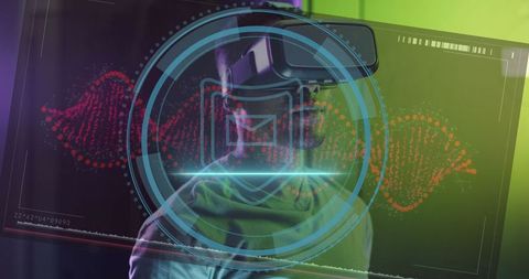 Futuristic man in vr goggles analyzing digital data interface