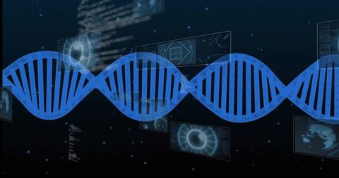 Blue dna double helix spanning futuristic holographic research interface with data hud panels