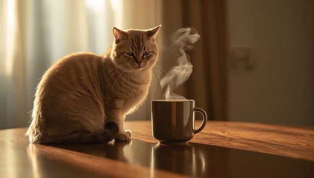 Sitting sunlit ginger cat beside steaming mug on polished wooden table in morning light