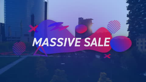 Massive Sale Text Overlay on Colorful Gradient Cityscape Background