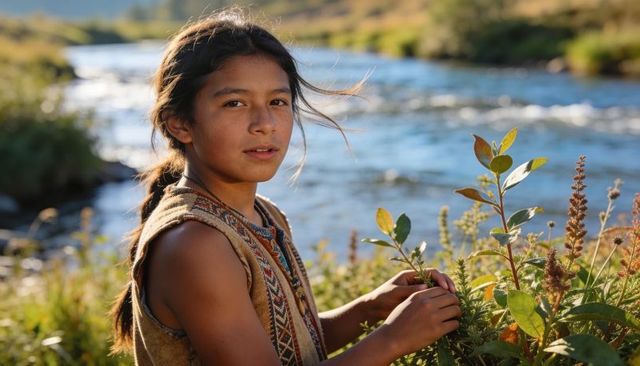 Teen girl with braided hair exploring riverbank plants in woven vest during golden hour
