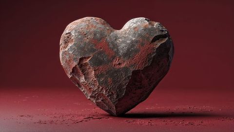 Heart-shaped stone sculpture in minimalistic red tones