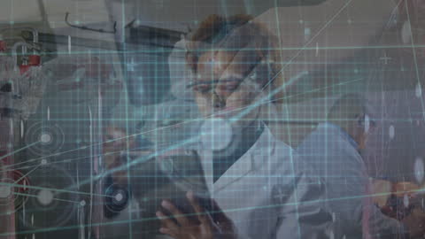 Innovative Female Scientist Analyzing Data with Technology Overlay