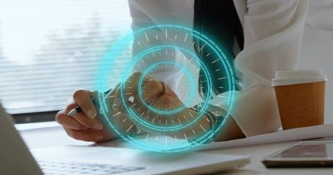 Annotating documents with augmented reality hud, businesswoman working at laptop desk