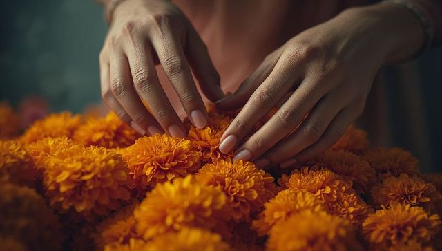 Hands arranging vibrant marigold flowers with elegant bracelets