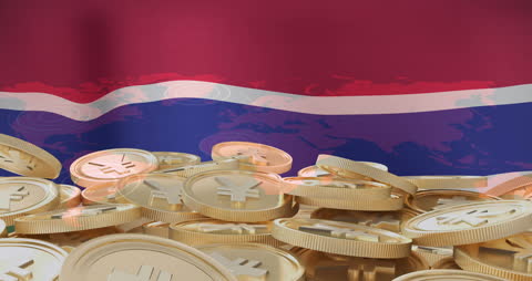 Digital Yen Coins with National Flag and World Map Background