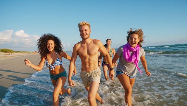 Friends running along sunny beach splashing in shallow waves laughing on summer vacation