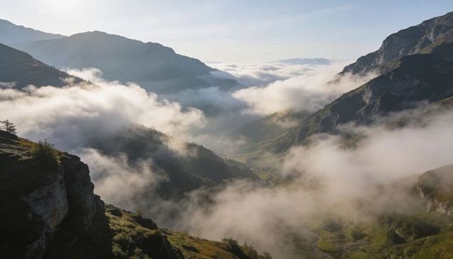 Sunlit Mist Filling Alpine Valley, Low Clouds Drifting Through Mountain Gorge