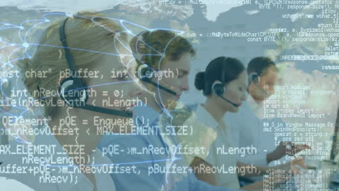 Customer Service Team with Digital Overlay of Code and Global Network