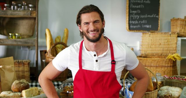 Smiling Male Baker Wearing Red Apron in Artisan Bakery - Download Free Stock Images Pikwizard.com