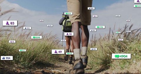 Hikers on Nature Trail with Social Media Notifications Overlay