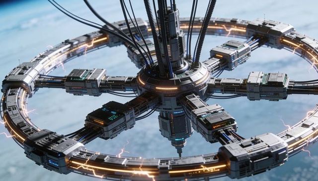 Orbiting ring space station with hub and energy cables futuristic sci-fi megastructure