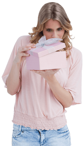curious woman in pink opening transparent gift box - Download Free Stock Videos Pikwizard.com