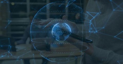 Projecting holographic globe over tablet, hands aligning network, futuristic team workspace