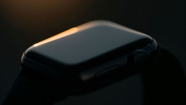 Sleek glossy rectangular smartwatch reflecting warm light with digital crown close-up