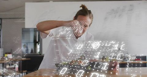 Plating Chef Seasoning Gourmet Salad in Open Kitchen with Digital Binary Overlay