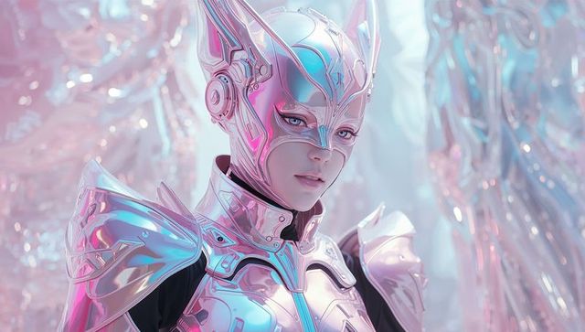 Futuristic Female Warrior in Reflective Metallic Armor with Crystals