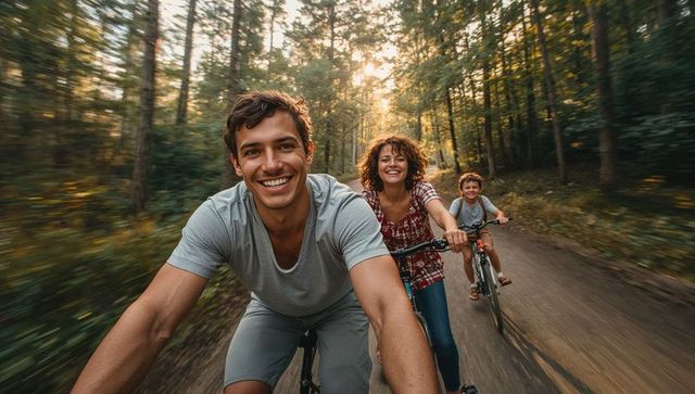 Family Biking Adventure Through Forest in Warm Sunlight