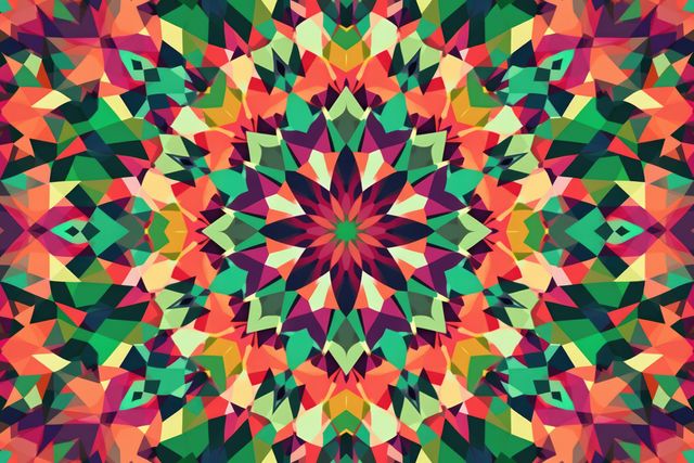 This abstract geometric kaleidoscope pattern features vibrant and symmetrical designs. The vivid colors and intricate shapes create a mesmerizing mosaic effect, ideal for use in digital art projects, wallpapers, posters, and textile prints. It can also be utilized for backgrounds in social media graphics, branding materials, and fashion designs.