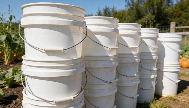 Stacked white 5-gallon plastic buckets with metal handles on sunlit garden soil near pumpkins