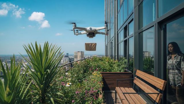 Hovering delivery drone delivering parcel over rooftop garden balcony, woman watching from window