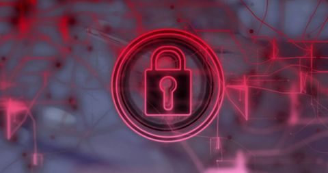 Glowing Red Padlock Symbol in Digital Network Environment