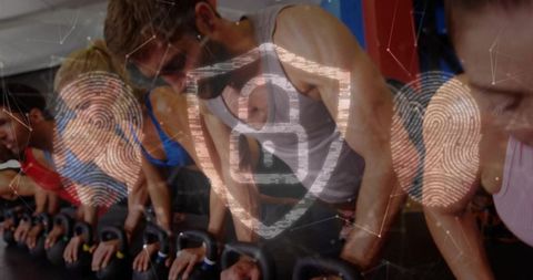 Group performing kettlebell push-ups for team fitness with biometric security overlay