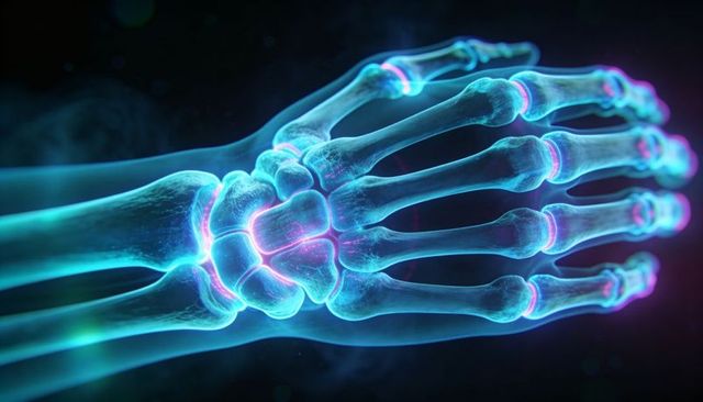 Glowing translucent hand skeleton highlighting carpal and phalangeal joints in neon 3D