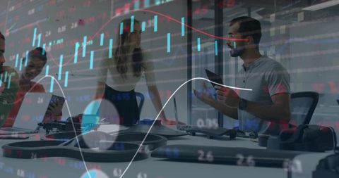 Team Discussing Financial Insights in Tech-Driven Office