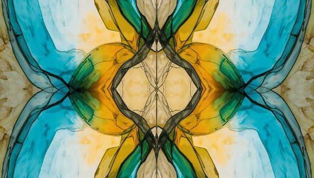 Symmetrical fluid design in vibrant teal and yellow
