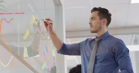 Businessman writing on glass board with sticky notes and marker during brainstorming