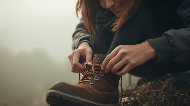Tying braided laces on brown leather hiking boot on foggy trail, woman fastening closeup