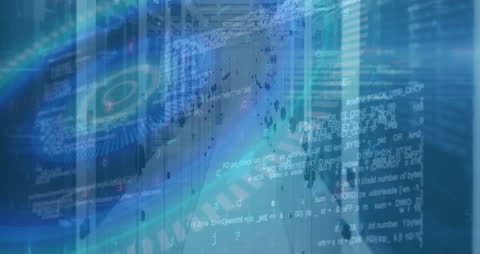 This video displays a server room with a digital interpretation of data streams and binary codes overlayed, representing technology, information flow, and data processing. It is suitable for illustrating concepts in cybersecurity, IT infrastructure, digital economy ventures, or enterprises focused on analytic strategies. Ideal for use in presentations and written subscribes relating to technological innovation, data-centric analytics, and networking solutions.